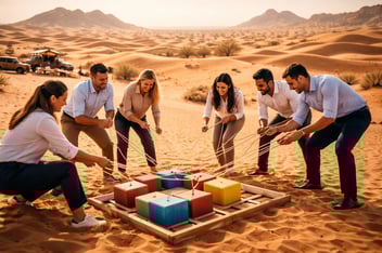 Corporate team building activity in the Dubai desert with colleagues collaborating on a teamwork challenge during an outdoor team event.