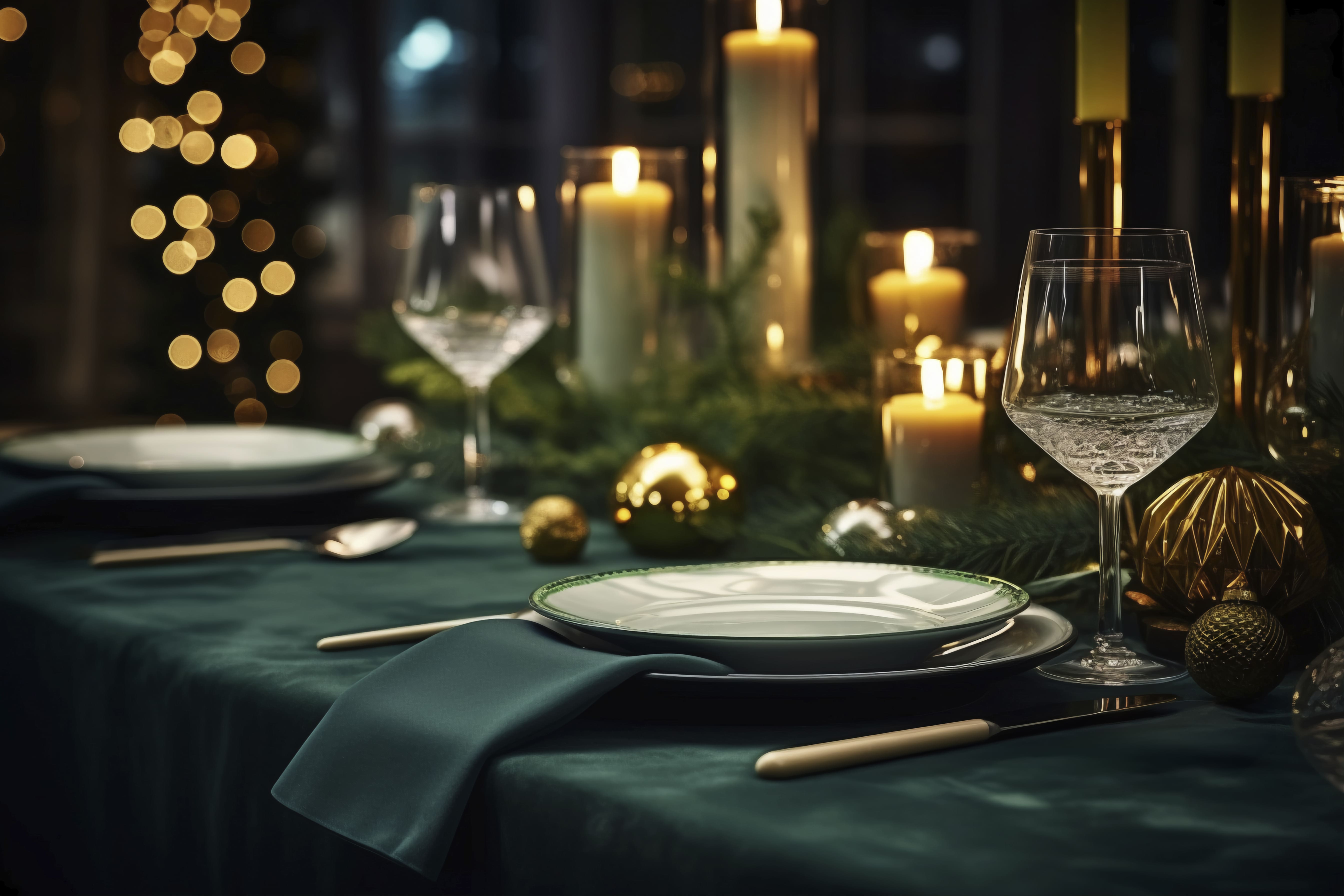 Elegant gala dinner table setup with candles, glassware, and festive décor