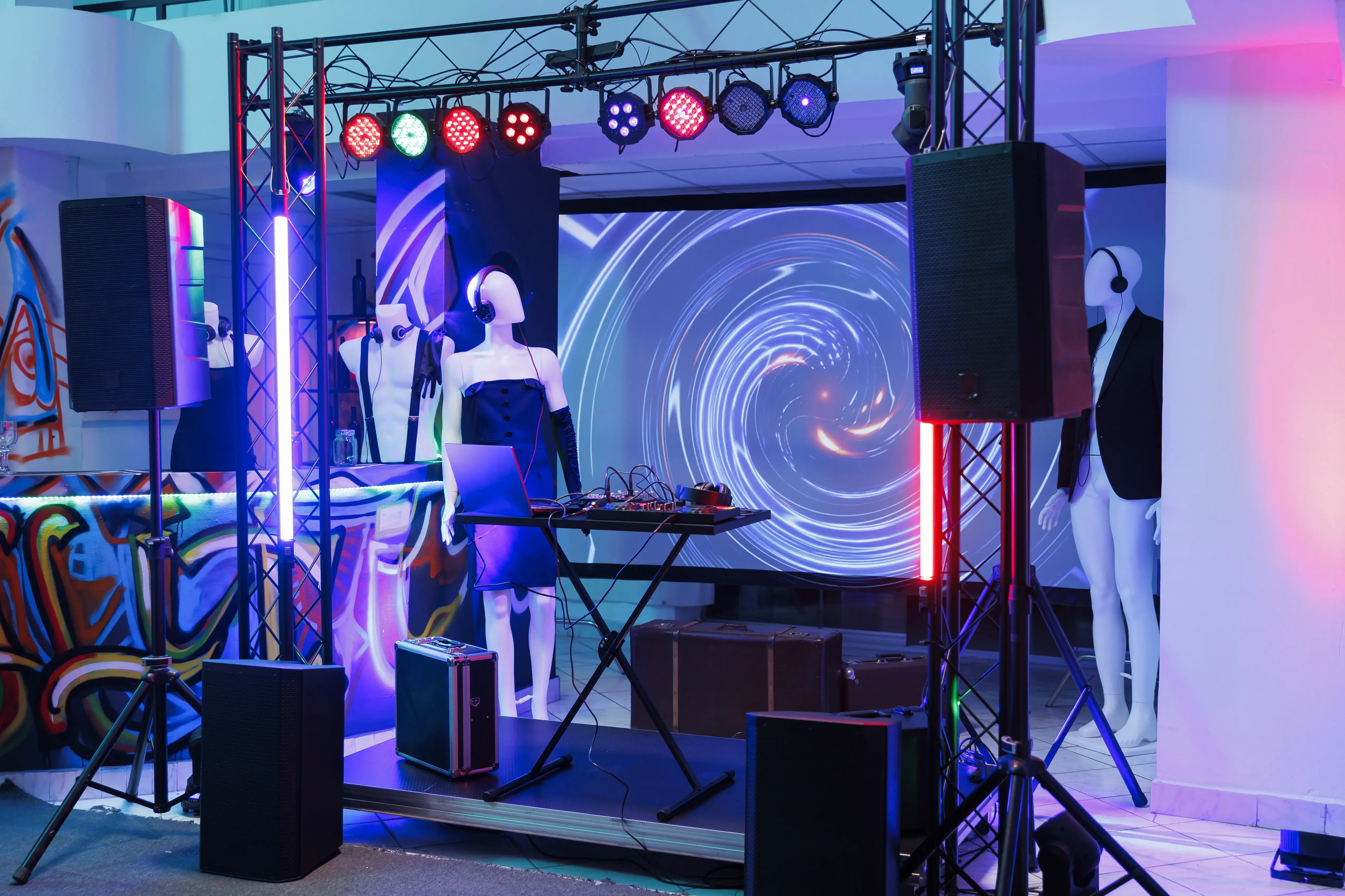 Event production setup with stage lighting, speakers, DJ equipment and LED visuals prepared for a corporate event.
